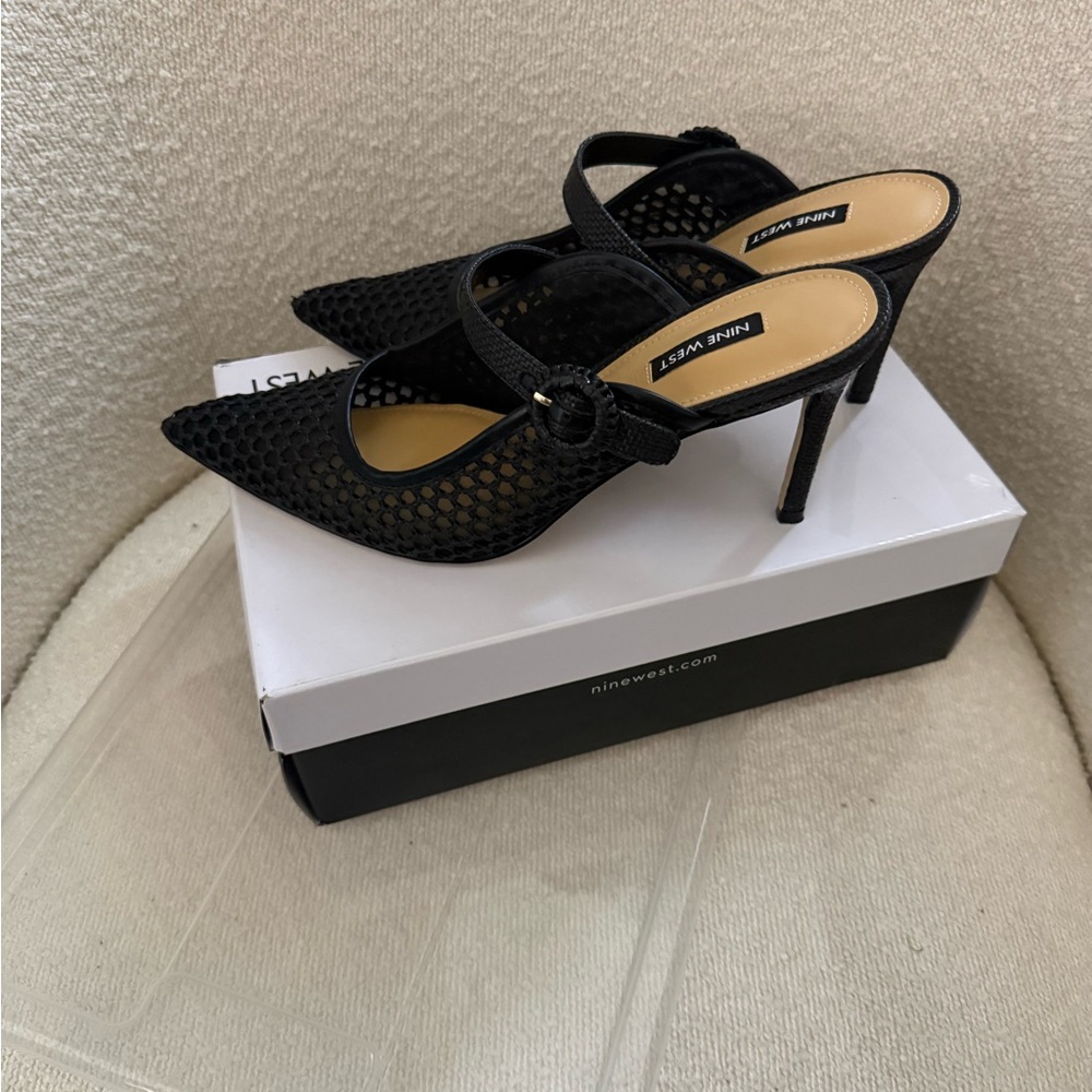 Nine West Rondel Black Mesh Pointed-Toe Mule Heels